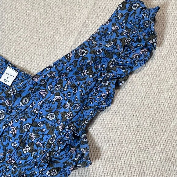 Old Navy | Blue Floral Waist-Defined V-Neck Button Front Blouse | Medium - Picture 6 of 9